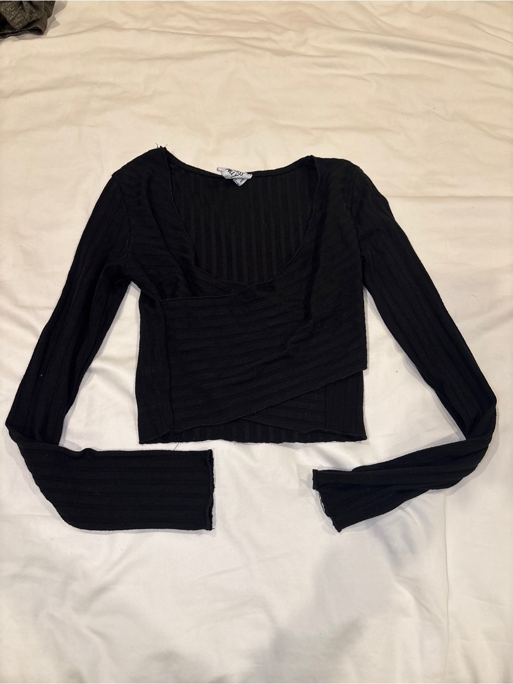 Princess Polly Black Ribbed Wrap-Front Long Sleeve Crop Top - Picture 1 of 2